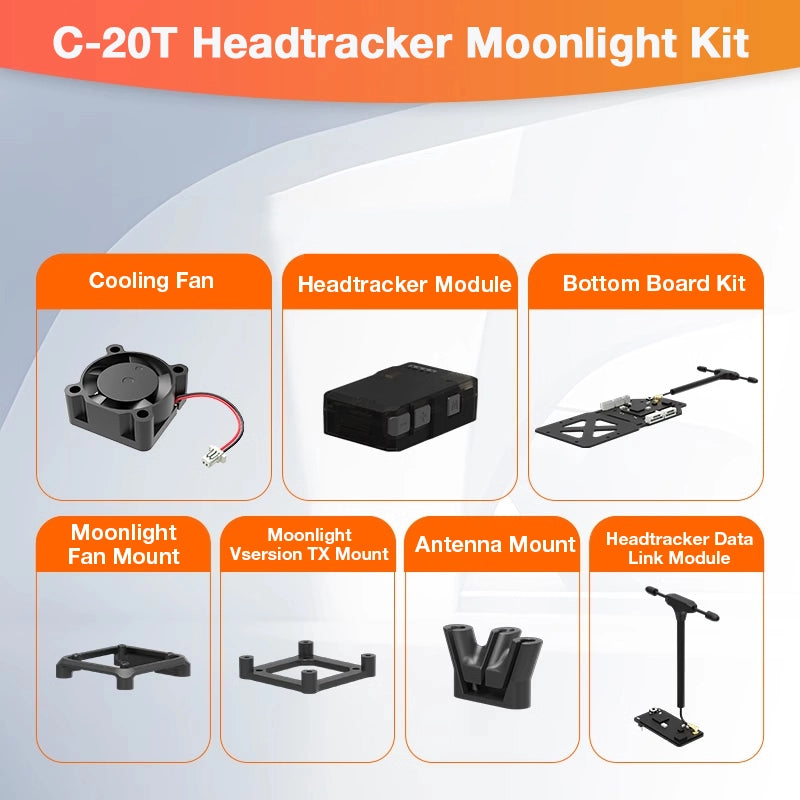 XF C-20T 3 Axis FPV Gimbal, XF-C20T gimbal has a cooling fan, headtracker module, and various mounts for seamless FPV tracking.