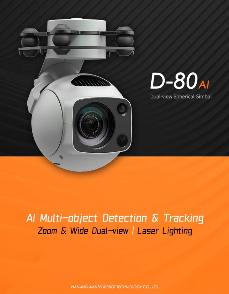 Nanjing Xianfei Robot Technology Co., Ltd presents XF D-80AI Dual-View Drone Pod for multi-object detection and tracking.