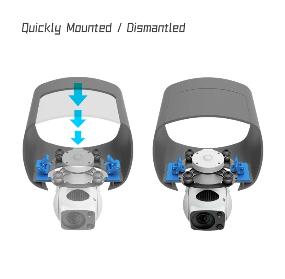 XF D-80AI Dual-View Drone Pod, The text describes a precision stabilizer with a 3-axis mechanical gimbal that offers high angular accuracy and continuous yaw rotation.