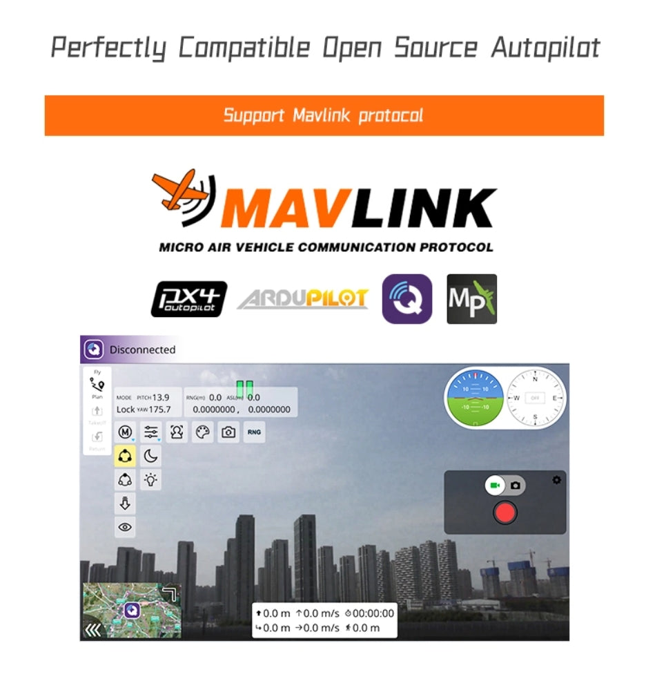 The XF D-80AI Dual-View Drone Pod features open-source autopilot support for Mavlink protocol and displays various readings.