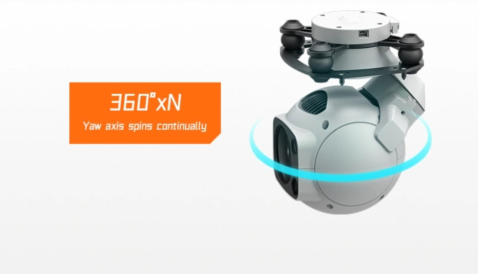 The XF D-80AI Dual-View Drone Pod has a 360-degree continuous yaw axis spin for versatile aerial capture.