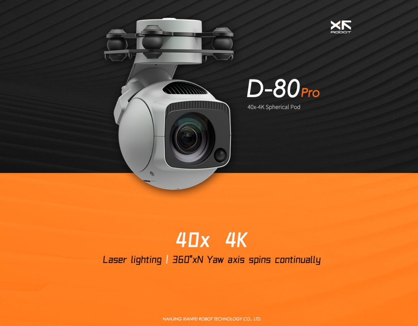 The XF D-80Pro Drone Gimbal has a 4K Spherical Pod, 4Dx 4K Laser lighting, and a spinning Yaw axis.