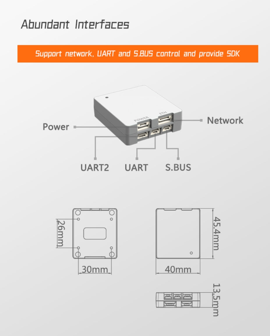 XF D-80Pro Drone Gimbal, Abundant interfaces support networking, providing VART & 5BUS control and SOK network power, compatible with UART2, UART3, S-BUS, and various protocols.