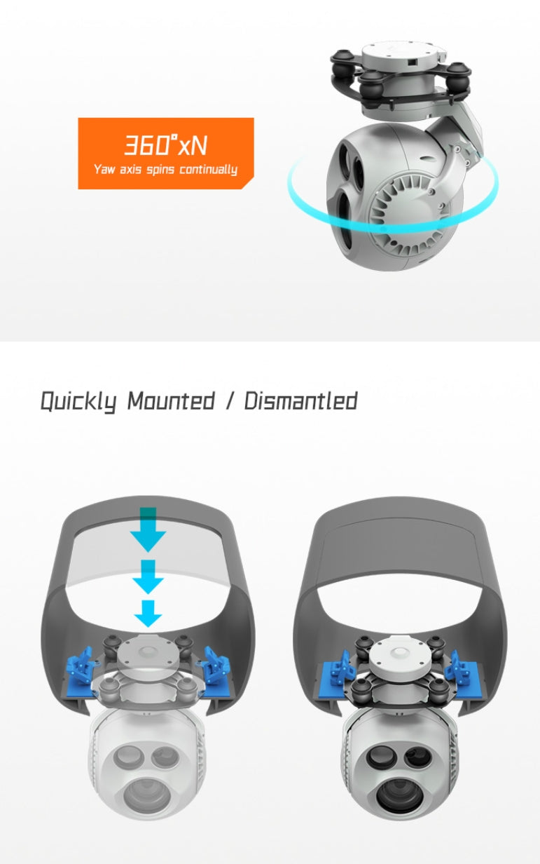 XF D-90AI Triple-Sensor Drone Pod - 3-Axis Gimbal, The XF D-90AI Triple-Sensor Drone Pod has a 3-axis gimbal with continuous yaw axis spinning and quick mounting/dismantling.