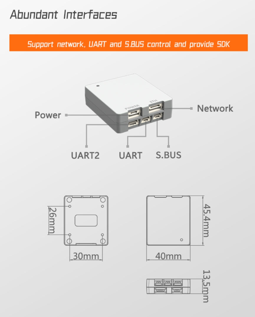 XF D-90DE Triple Drone Pod - 3-Axis Gimbal, The Triple Drone Pod features interfaces for networking, control, and power, with connections like UART2 and S.BUS.