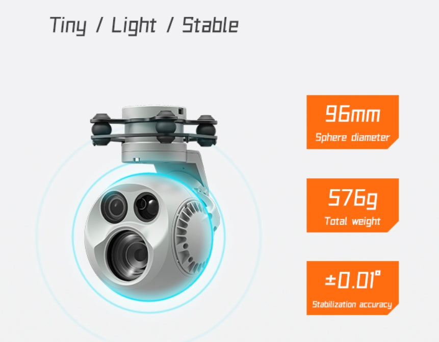 XF D-90DE Triple Drone Pod - 3-Axis Gimbal, One Light drone features a 96mm sphere diameter and 576g weight with D-Stabilization for stable flight.