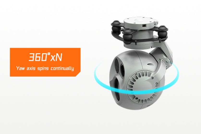 XF D-90DE Triple Drone Pod - 3-Axis Gimbal, The XF D-90DE Triple Drone Pod has a 3-axis gimbal with a 360-degree yaw axis.