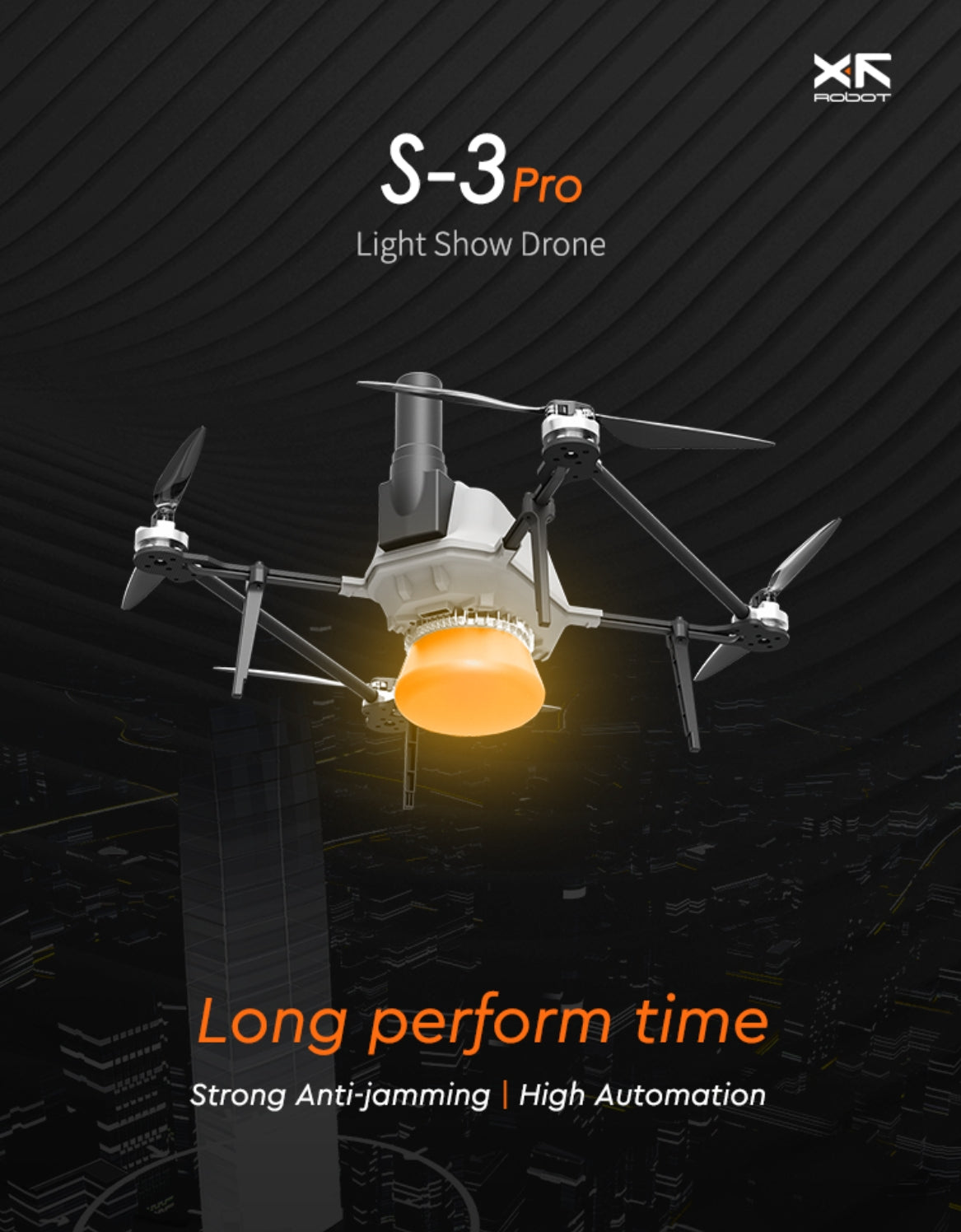 The XF S-3Pro Light Show Drone has a long performance time, strong anti-jamming abilities, and high automation.