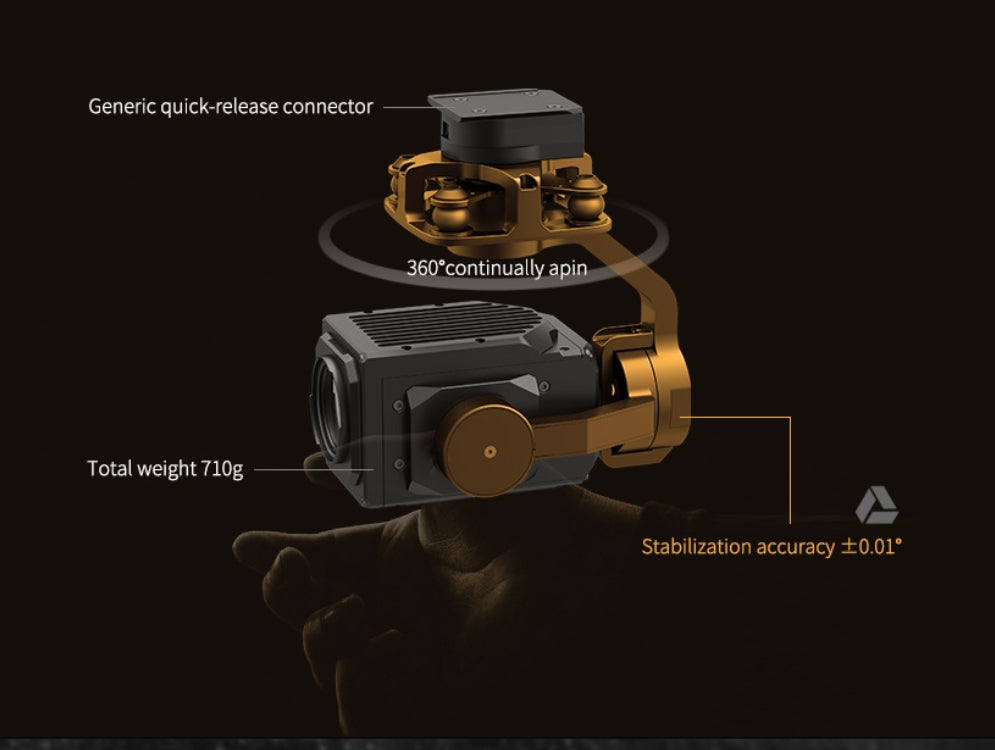 XF Z-6C High Rate Zoom Drone Pod - 3-Axis Gimbal, Quick-release connector with 360-degree continuous pan and high accuracy (±0.1) for total weight stabilization, weighing 710 grams.