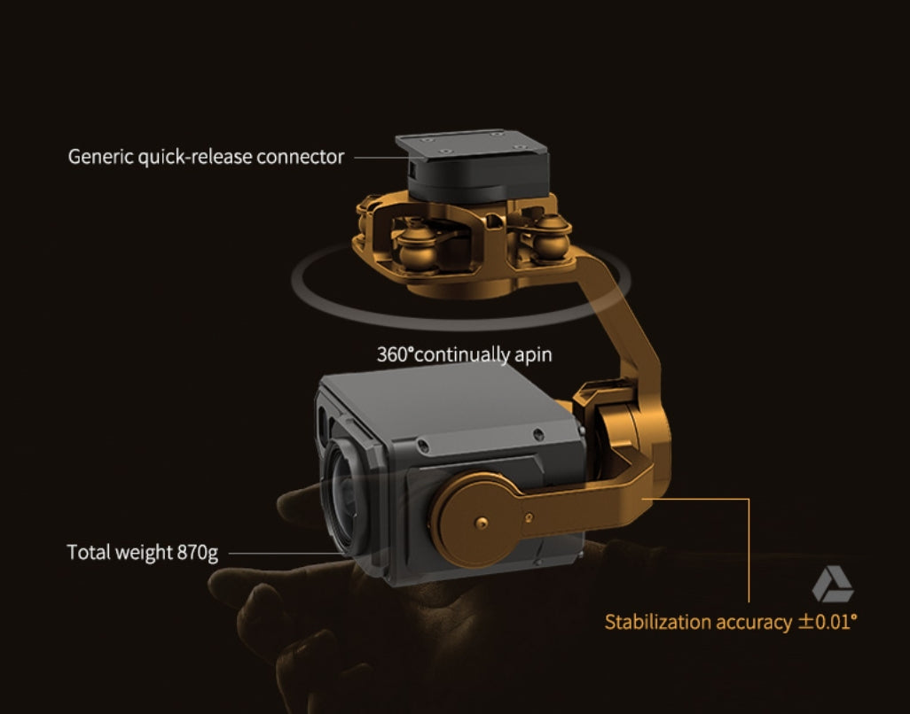 XF Z-8RB Night Vision Ranging Pod - 3-Axis Gimbal, Generic quick-release connector offers 360-degree pan and +/- 0.01 degree stabilization accuracy, weighing 870 grams.