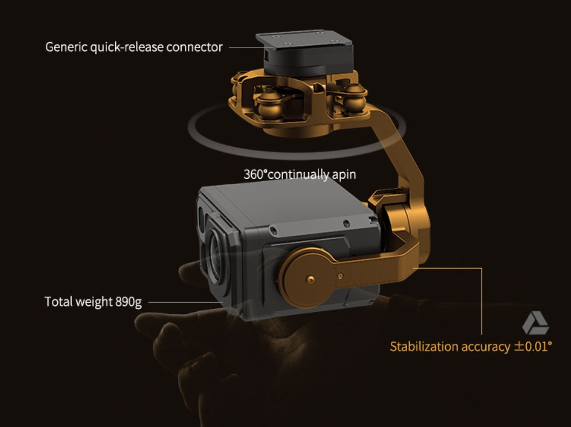 XF Z-8RC Night Vision Ranging Drone Pod, The drone pod has a quick-release connector and 360-degree pin for easy attachment, weighing 890g with stabilization accuracy of +0.01.