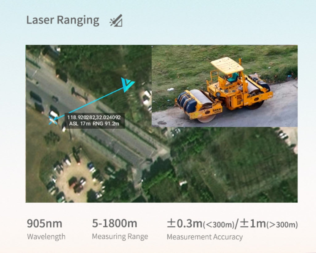 XF Z-8RC Night Vision Ranging Drone Pod, Laser ranging measures distances from 5 to 1800 meters with an accuracy of +0.3 meters below zero and <300 meters above.