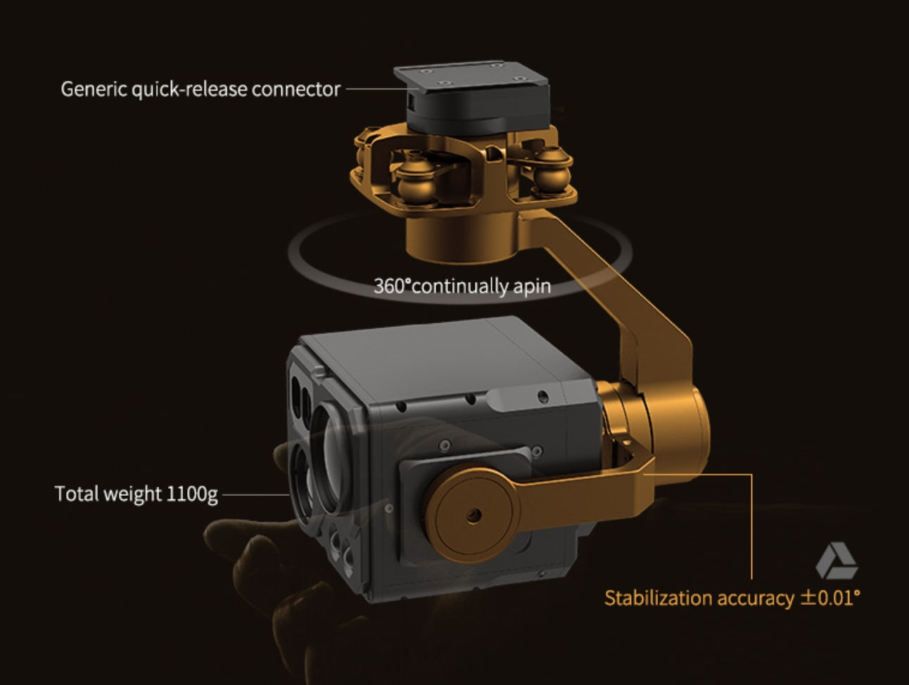 XF Z-9A Drone Pod - 3-Axis Gimbal, Pan connector with 360-degree pan and weight stabilization accurate to ±0.01 degrees, weighs approximately 1.1 kg.