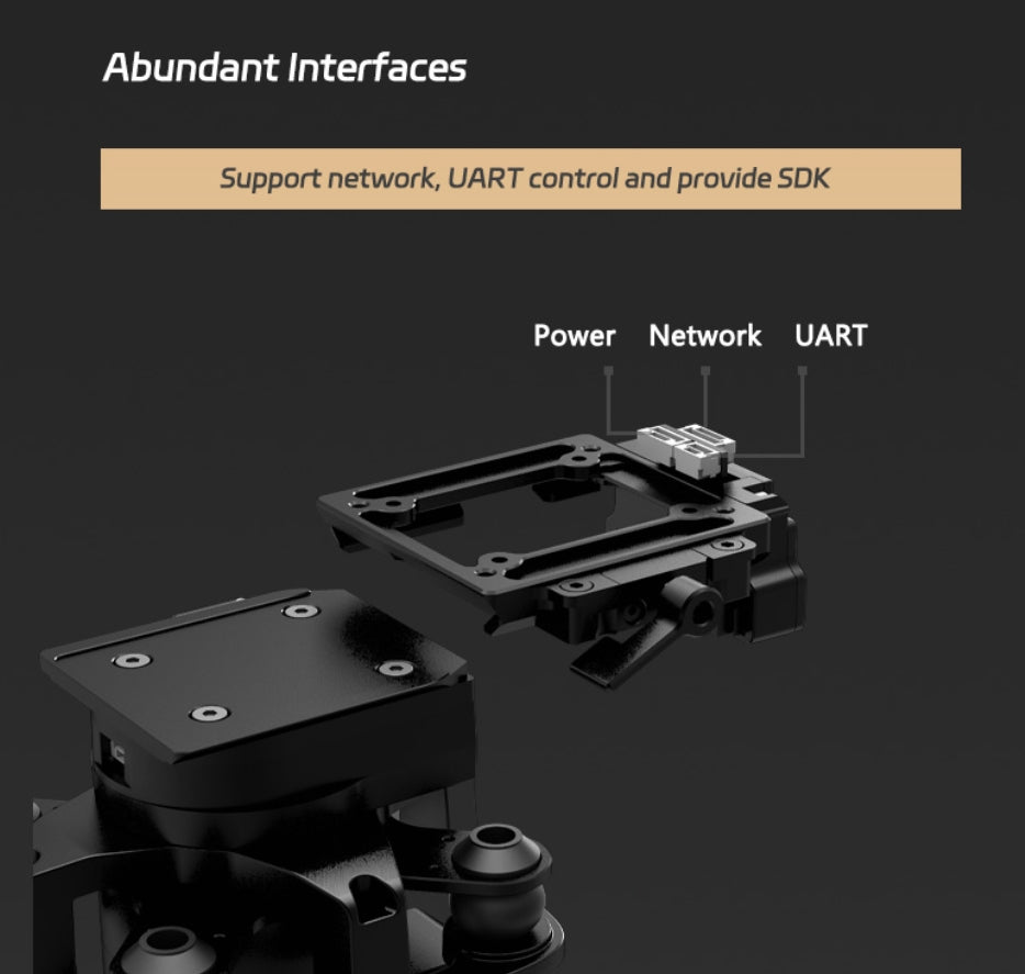 XF Z-9B Quad-Sensor Drone Pod - 3-Axis Gimbal, The XF Z-9B Quad-Sensor Drone Pod has a 3-axis gimbal with various interfaces for networking, control, and provides an SDK for connectivity.