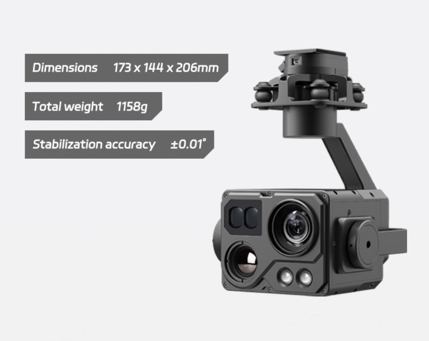 XF Z-9B Quad-Sensor Drone Pod - 3-Axis Gimbal, The XF Z-9B drone pod has a 3-axis gimbal with high accuracy, measures 173x144x66mm, and weighs 1158g.