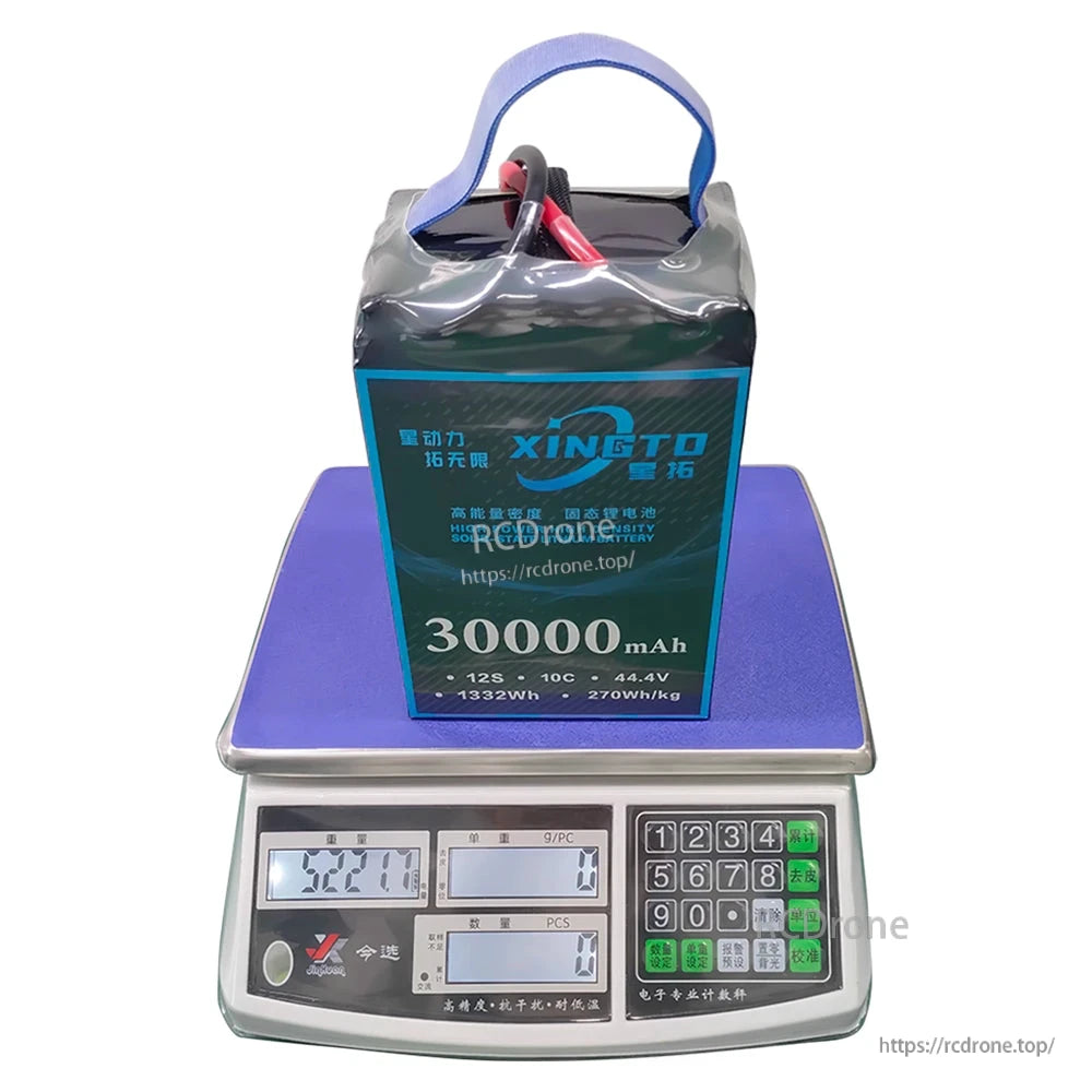 XINGTO 12S 30000mAh 44.4V solid-state battery, 1332Wh energy, 270Wh/kg density, weighs 5220g, high-capacity for drones.