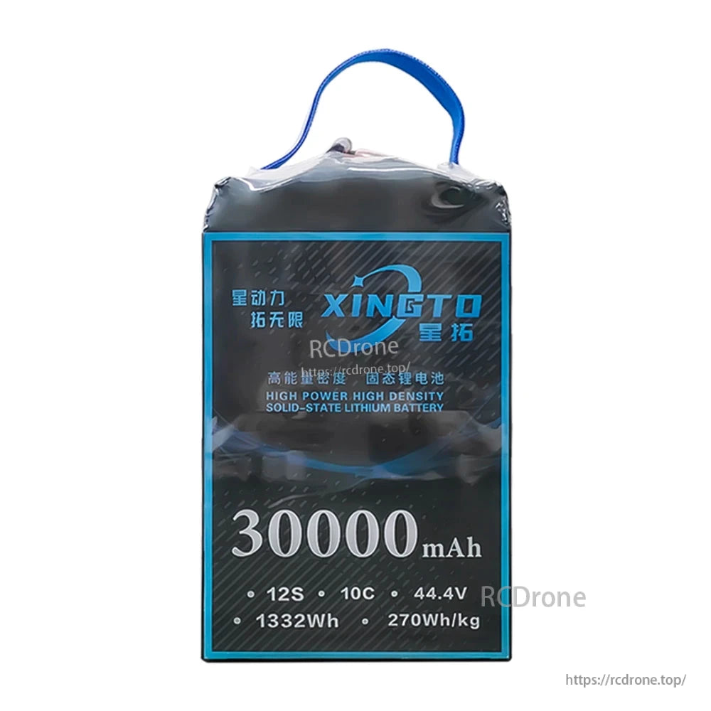 XINGTO 30000mAh, 12S, 44.4V, 1332Wh, 270Wh/kg solid-state lithium battery for heavy-lift UAVs; high-power, high-density, 10C discharge.