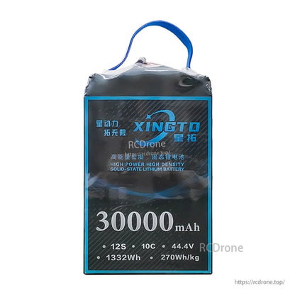 XINGTO 30000mAh, 12S, 44.4V, 1332Wh, 270Wh/kg solid-state lithium battery for heavy-lift UAVs; high-power, high-density, 10C discharge.