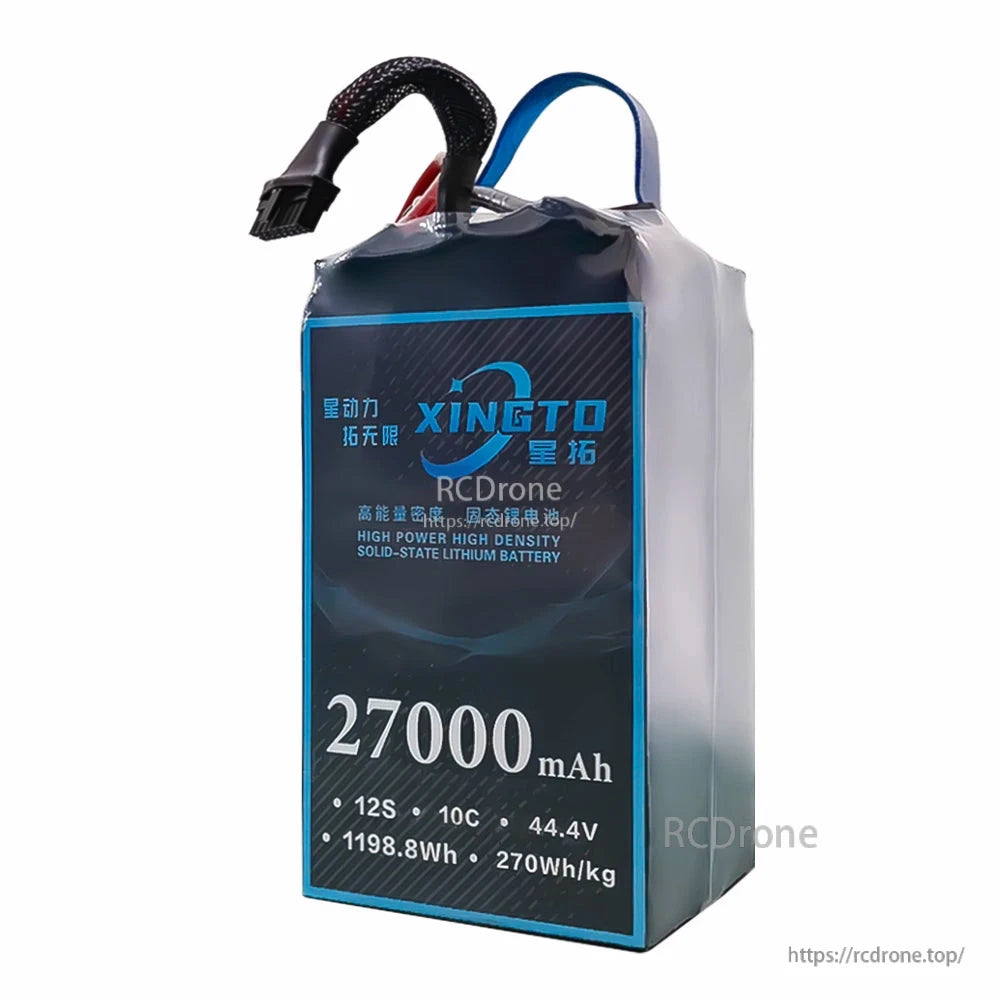 XINGTO 27000mAh 12S 44.4V high-density lithium battery, 1198.8Wh, 270Wh/kg, 10C discharge, designed for heavy-lift UAV drones.