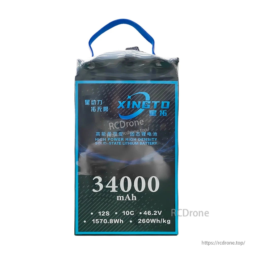 XINGTO 34000mAh 12S lithium battery offers 46.2V, 1570.8Wh, and 260Wh/kg for high-performance UAVs, ensuring reliable, efficient power in demanding applications.