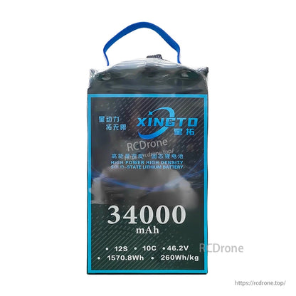 XINGTO 34000mAh 12S lithium battery offers 46.2V, 1570.8Wh, and 260Wh/kg for high-performance UAVs, ensuring reliable, efficient power in demanding applications.