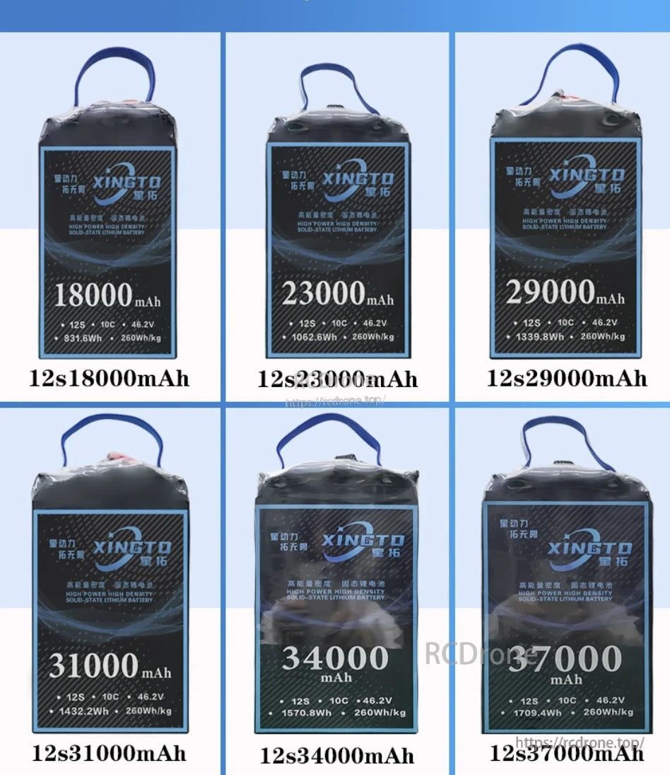 Xingto Solid State UAV Battery, XINGTO 12S solid-state lithium batteries provide high power, 46.2V, 260Wh/kg, and capacities from 18,000mAh to 37,000mAh, ideal for UAV drones.