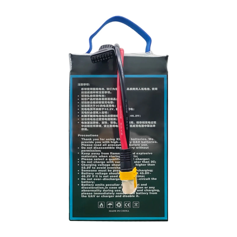 XINGTO 12S 46.2V 34000mAh 10C Lipo Battery, High-performance LiPo battery for drones, robots, or devices; handle with care, avoid disassembly, and keep voltage below 52.2V.