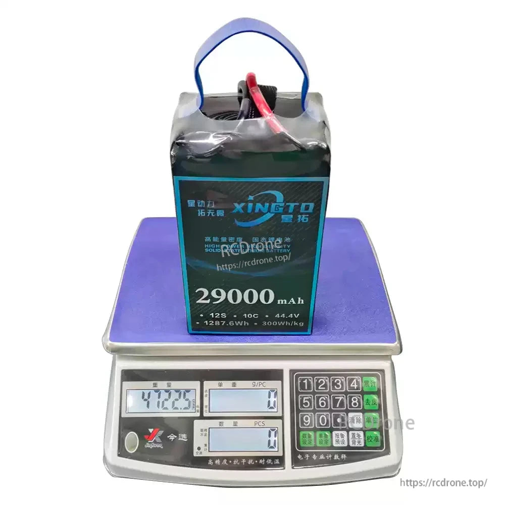 XINGTO 12S 29000mAh 44.4V solid-state battery offers 300Wh/kg energy density, 1287.6Wh capacity, weighs 4720g, and features 10C discharge rate.