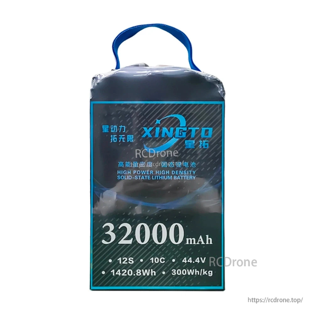 XINGTO 44.4V 32000mAh 12S 10C Li-ion battery, 1420.8Wh, 300Wh/kg, high-power density for heavy-lift UAVs.
