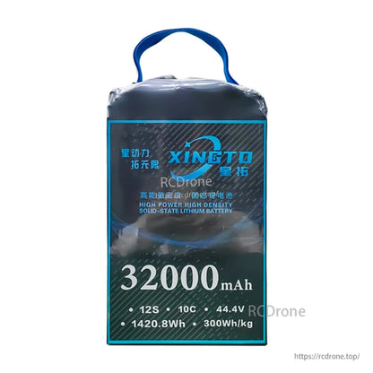 XINGTO 44.4V 32000mAh 12S 10C Li-ion battery, 1420.8Wh, 300Wh/kg, high-power density for heavy-lift UAVs.