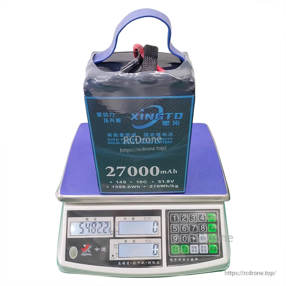 XINGTO 14S 27000mAh 51.8V solid-state battery, 270Wh/kg energy density, 5482g weight, ideal for heavy-lift UAV drones.