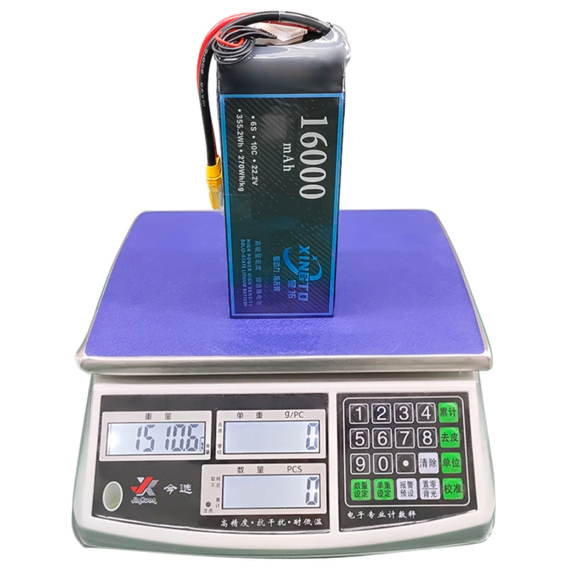 XINGTO 22.2V 6S 16000mah 10C Lipo Battery, Xingto 16000mAh LiPo battery with 10C rating, 16.8-25.2V voltage range, and XT90/AS150 plug type.