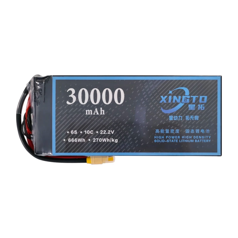 XINGTO 22.2V 6S 30000mah 10C Lipo Battery, A high-power, high-density solid-state lithium battery with 66Wh capacity and 270g weight.