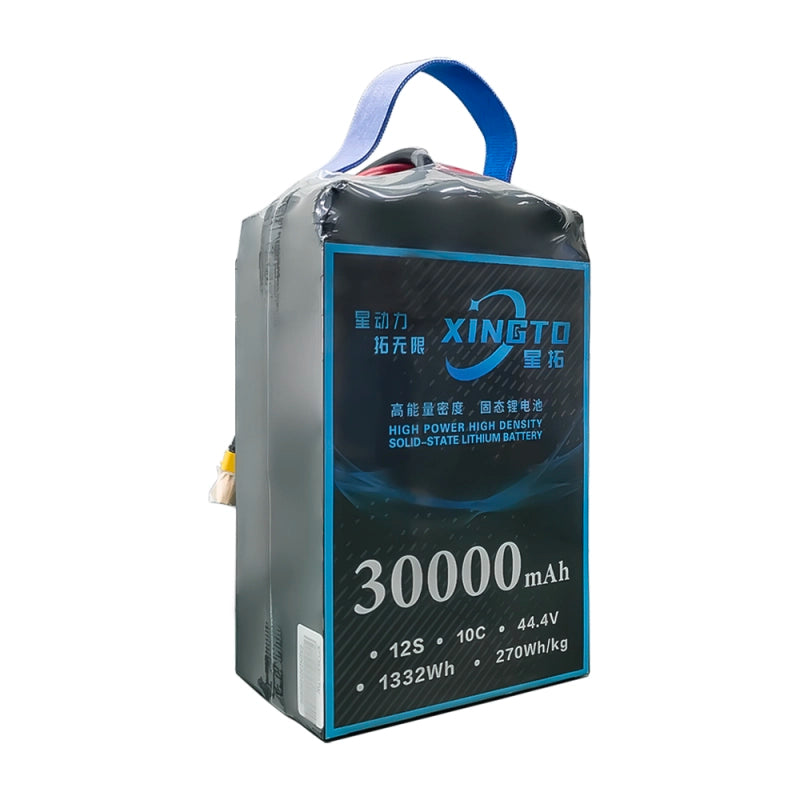 XINGTO 44.4V 12S 30000mah 10C Lipo Battery, High-density semi-solid-state lithium battery for UAV drone applications, with specifications: XINGTO, 44.4V, 12S, 30,000mAh, and 10C discharge rate.