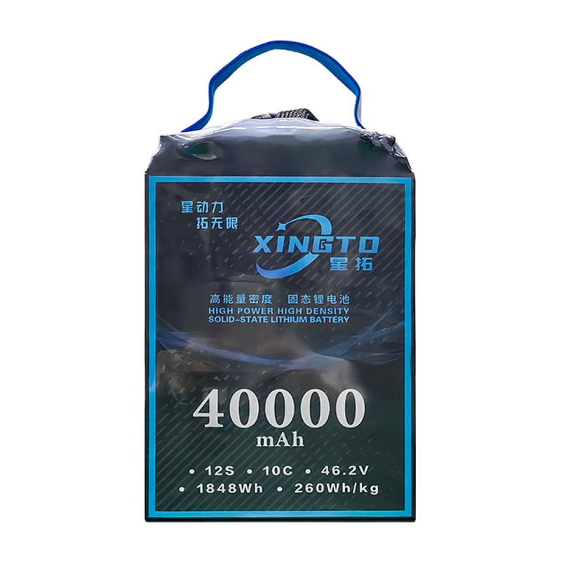 XINGTO 46.2V 12S HV 40000mAh 10C Lipo Battery, Battery with high power and density, featuring 40,000mAh capacity, 12S configuration, high voltage, and 10C charging.