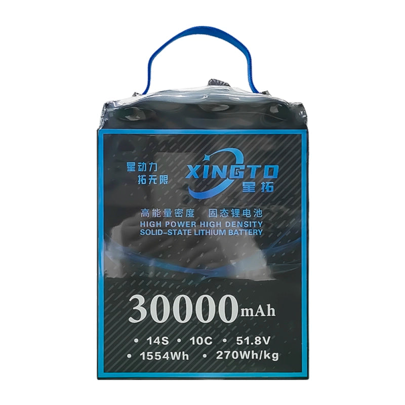 XINGTO 51.8V 14S 30000mAh 10C Lipo Battery, High power lithium battery with 51.8V, 14S, and 30,000mAh capacity, offering 1554Wh power and 270Wh/kg energy density.