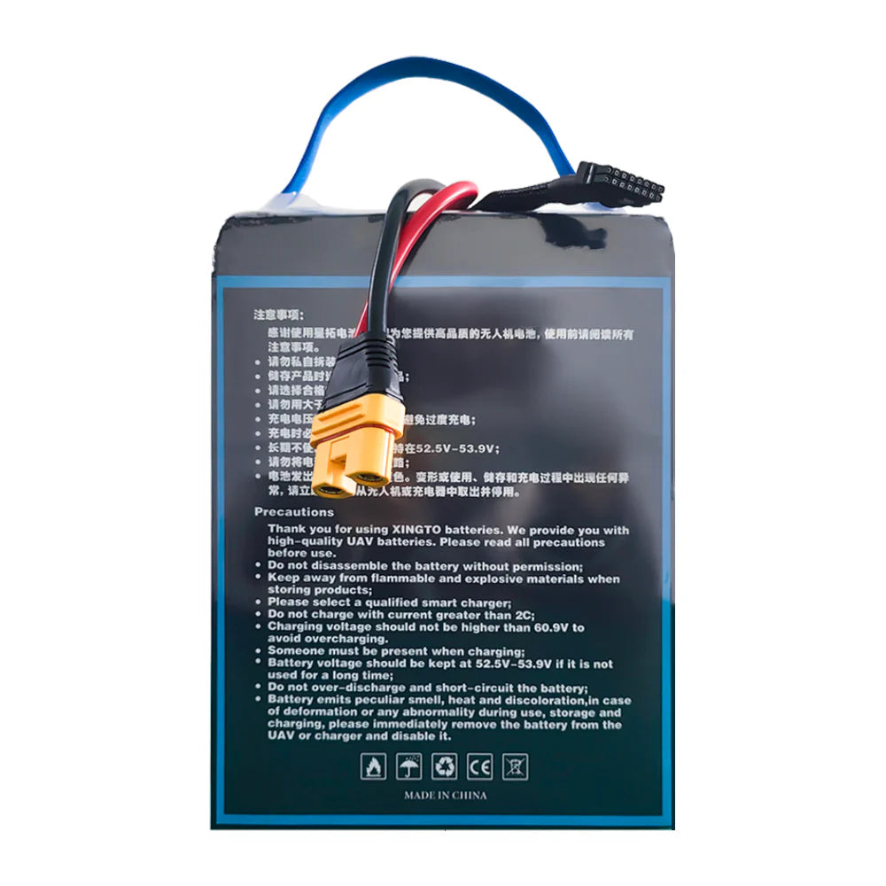 XINGTO 53.9V 14S HV LiPo Battery, Read all precautions before using XINGTO batteries: follow instructions, keep away from flammable materials, and monitor charging voltage.