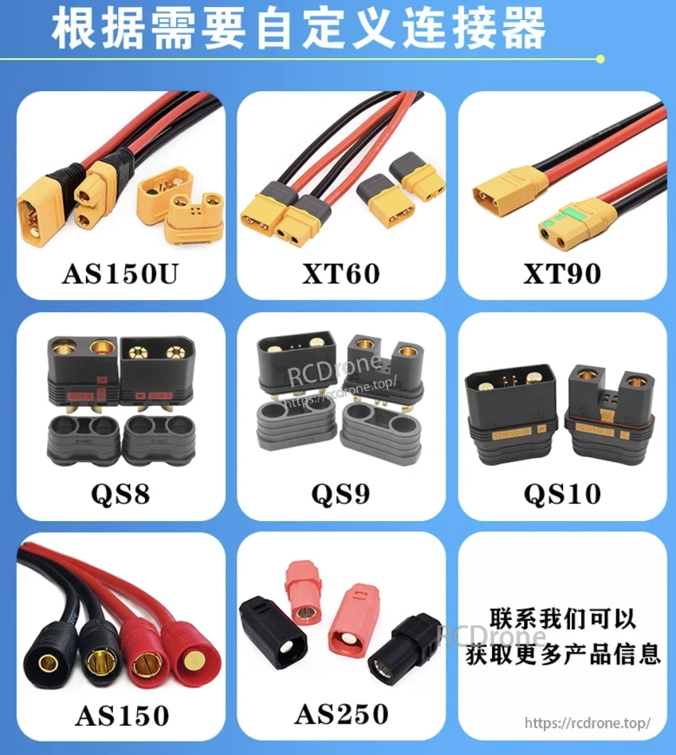 Customizable connectors (AS150U, XT60, XT90, QS8, QS9, QS10, AS150, AS250) for high-density lithium batteries. Contact us for details.