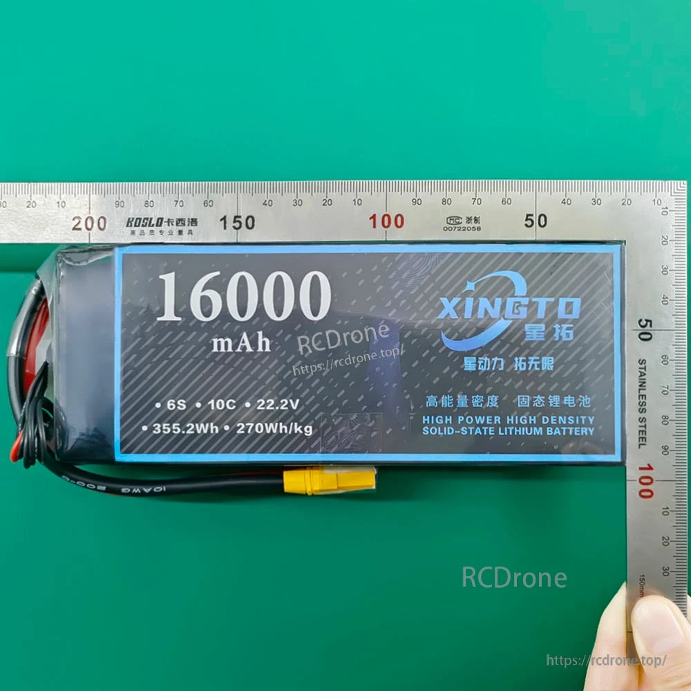 XINGTO 6S 10C Li-ion battery: 16,000mAh, 22.2V, 355.2Wh, 270Wh/kg. High-power, high-density for heavy-lift drones. Stainless steel case, yellow connector.
