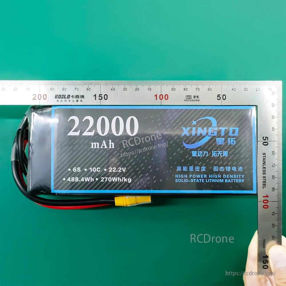 22000mAh 6S solid-state battery, 270Wh/kg, high power & safety. Ideal for heavy-lift UAVs needing reliable, long-lasting energy. Includes yellow connector.