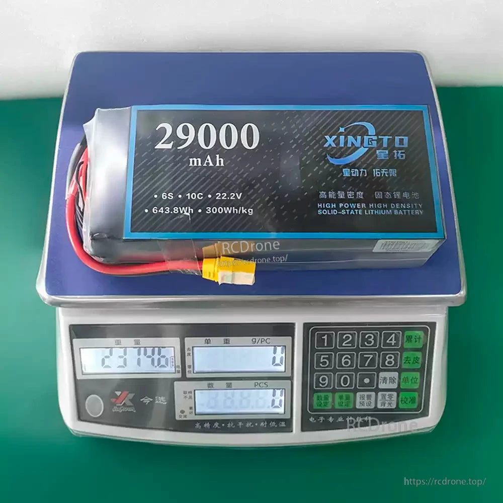 29000mAh 6S 10C 22.2V solid-state lithium battery, 643.8Wh energy, 300Wh/kg density, weighs 2140g—high power, compact, efficient energy storage.