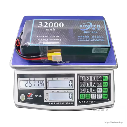 32000mAh 6S 10C 22.2V solid-state lithium battery, 710.4Wh, 300Wh/kg, weighs 2514g, designed for heavy-lift UAV drones.