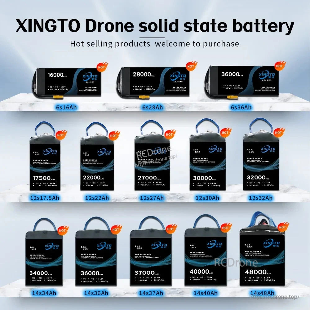 XINGTO Drone Battery, XINGTO offers solid-state drone batteries with 16000–48000mAh capacity, 6S–14S configurations, up to 53.9V, 10C discharge, and 340Wh/kg energy density.