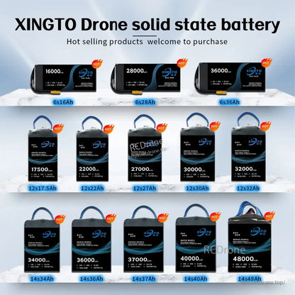 XINGTO Drone Battery, XINGTO offers solid-state drone batteries with 16000–48000mAh capacity, 6S–14S configurations, up to 53.9V, 10C discharge, and 340Wh/kg energy density.