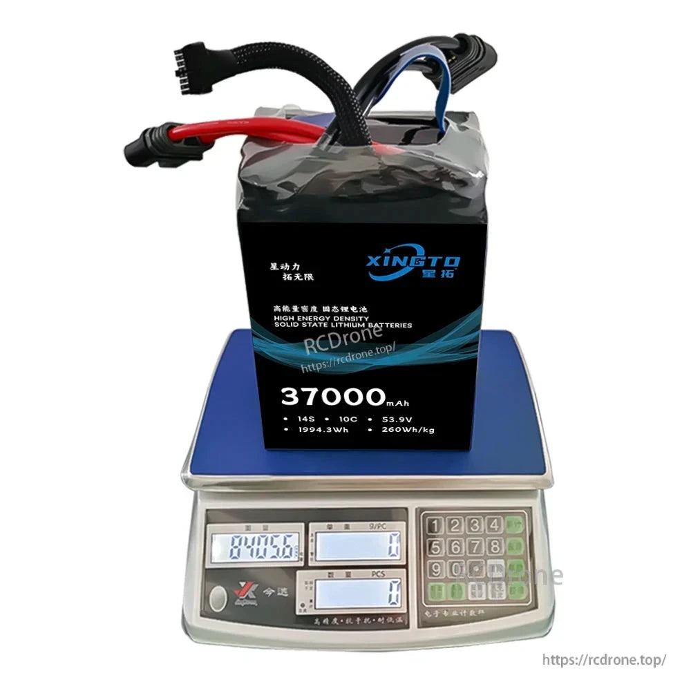 XINGTO Drone Battery, XINGTO 14S 37000mAh solid-state battery: 53.9V, 10C, 260Wh/kg, 37Ah, 370A max, digital display, 8400g—high energy density for UAVs.