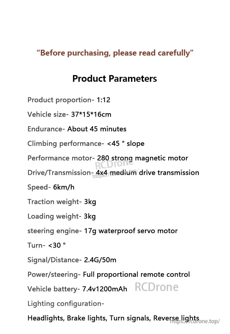 XKS MN82T 1:12 RC Crane, Mini 1:12 RC crane, 4x4 drive, 2.4G control, 7.4V battery, full lights, 6km/h speed, 45-min runtime, compact 37×15×16cm size.