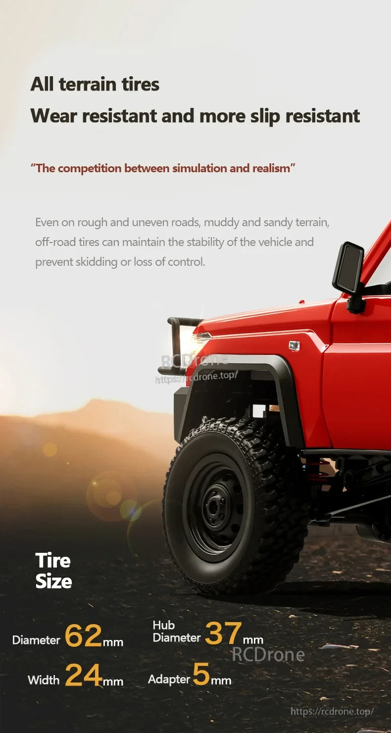 XKS MN82T 1:12 RC Crane, All-terrain tires, 62mm diameter, wear-resistant, ideal for rough, muddy, sandy surfaces. Durable, versatile performance with 5mm adapter.