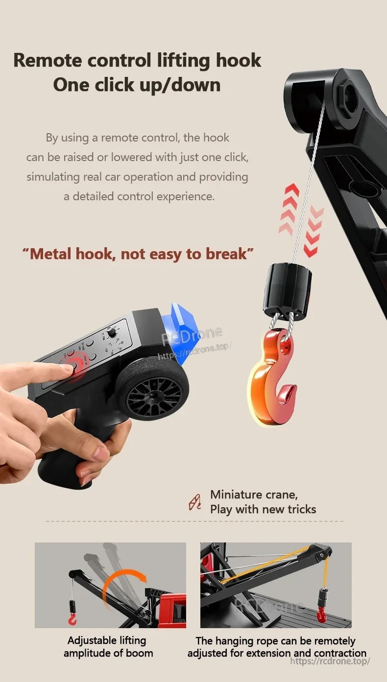 XKS MN82T 1:12 RC Crane, Remote-controlled miniature crane with adjustable boom, rope extension, one-click operation, and durable metal hook for interactive play.