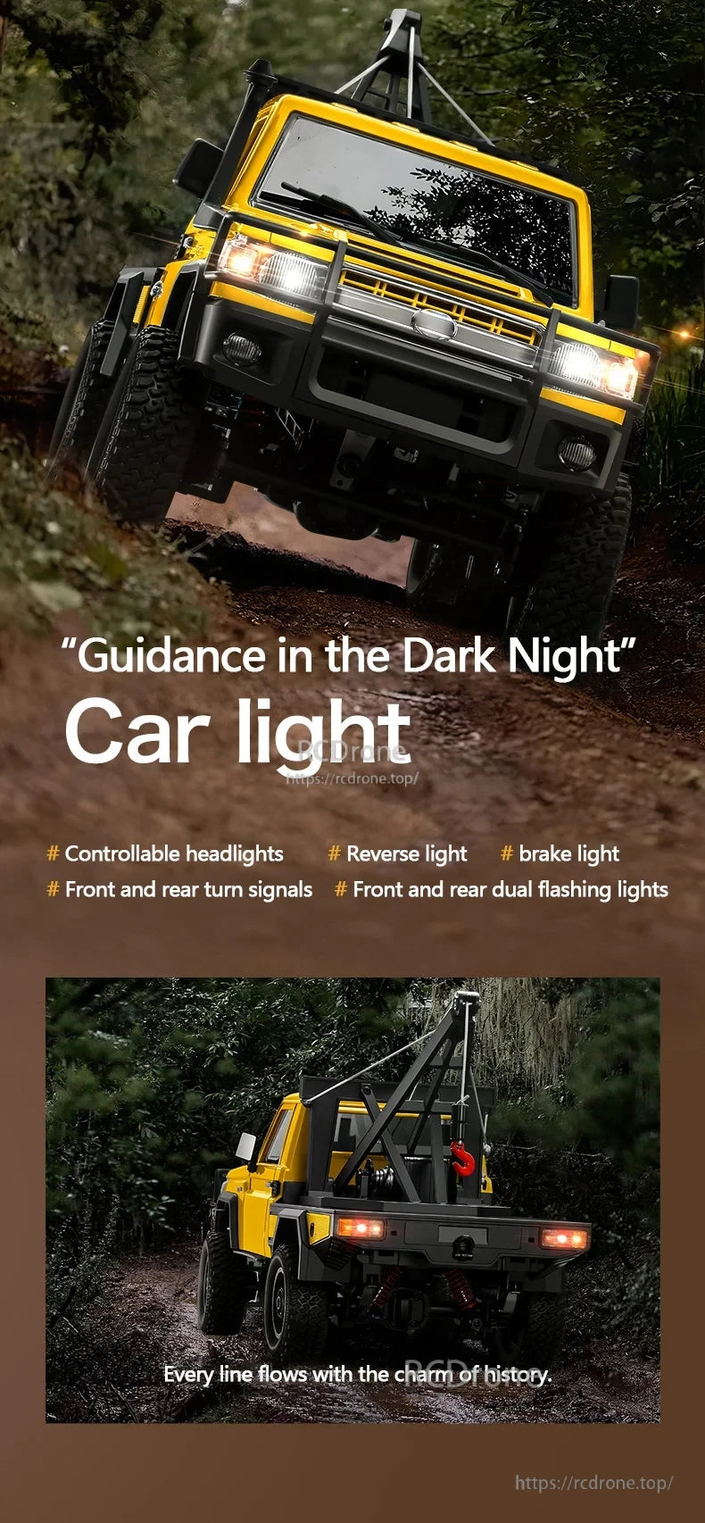 XKS MN82T 1:12 RC Crane, Controllable LED lights for drones mimic car headlights, brake, turn signals, and dual flashes, blending modern tech with historical charm in night flights.