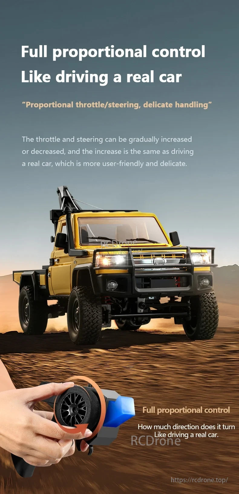 XKS MN82T 1:12 RC Crane, Offers full proportional control with precise throttle and steering, mimicking real car handling for accurate, responsive directional control.